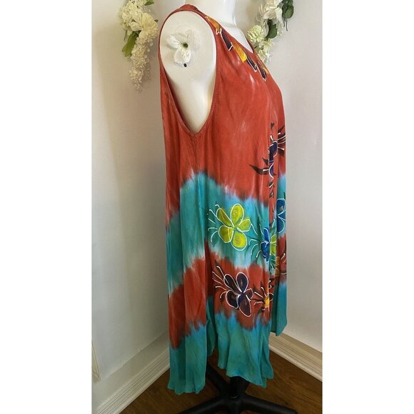 Vtg Seven Islands Boho Tie Dye Cultural Flowy Dress Sleeveless Flowers One‎ Size - Picture 6 of 16